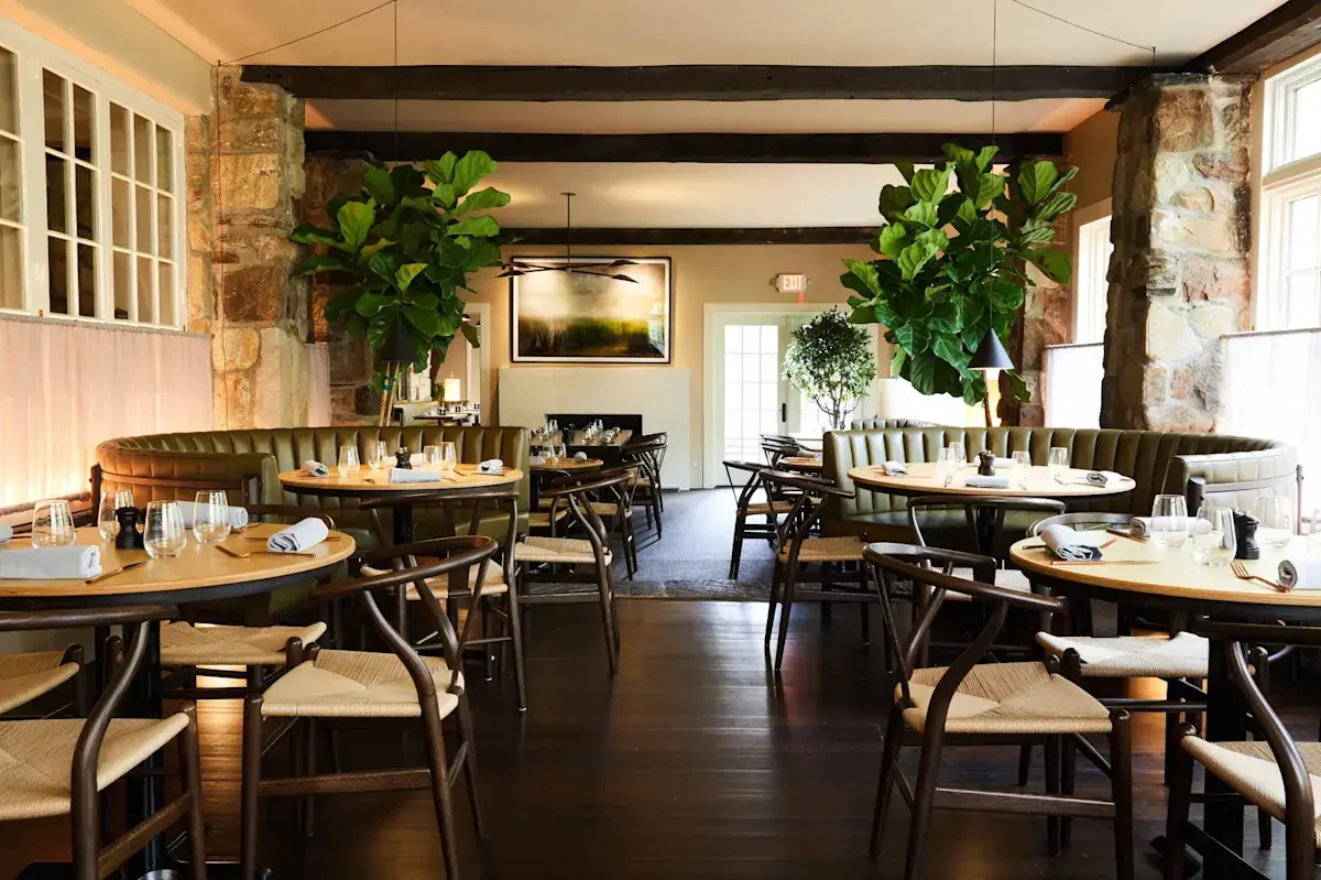 A dining room filled with round tables and green leafy decorative trees