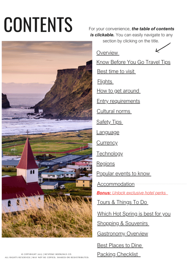 Iceland travel guide table of contents